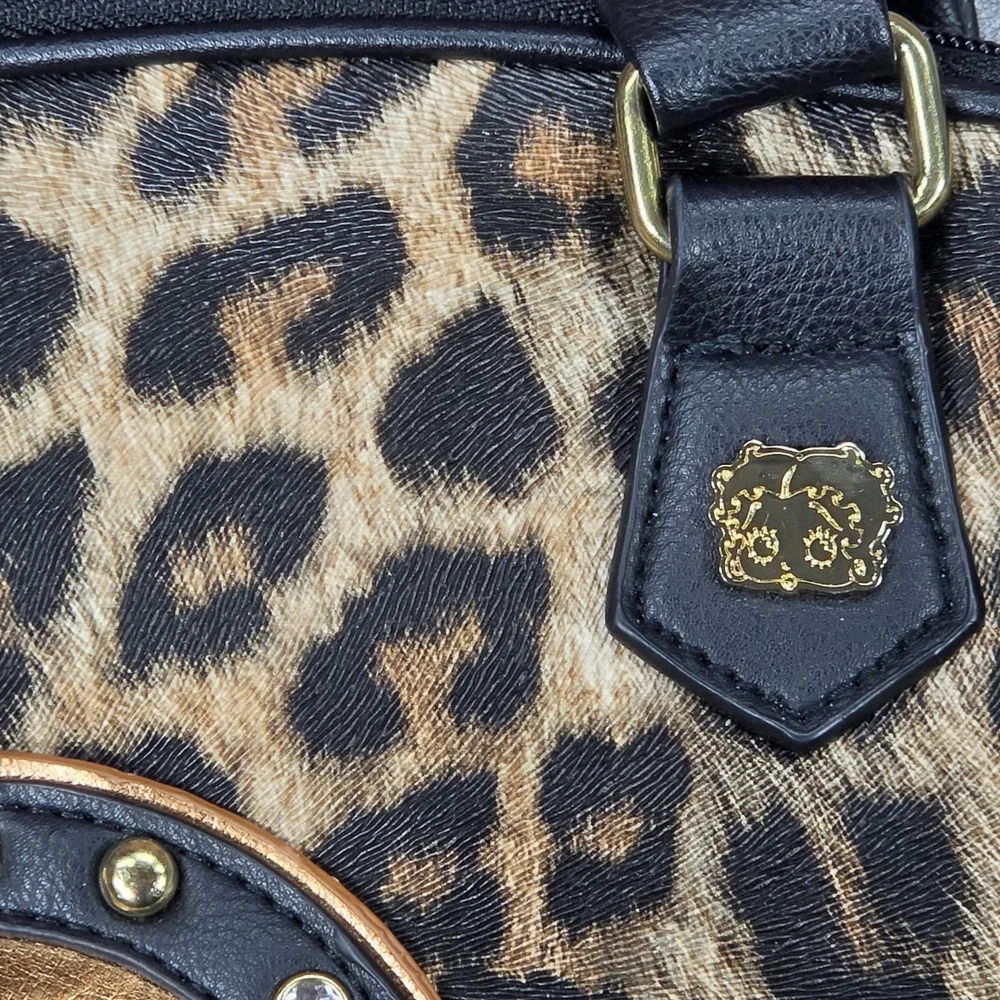 Betty Boop Handbag Leopard Cheetah Print Bowler Dome Satchel Rhinestones Studded